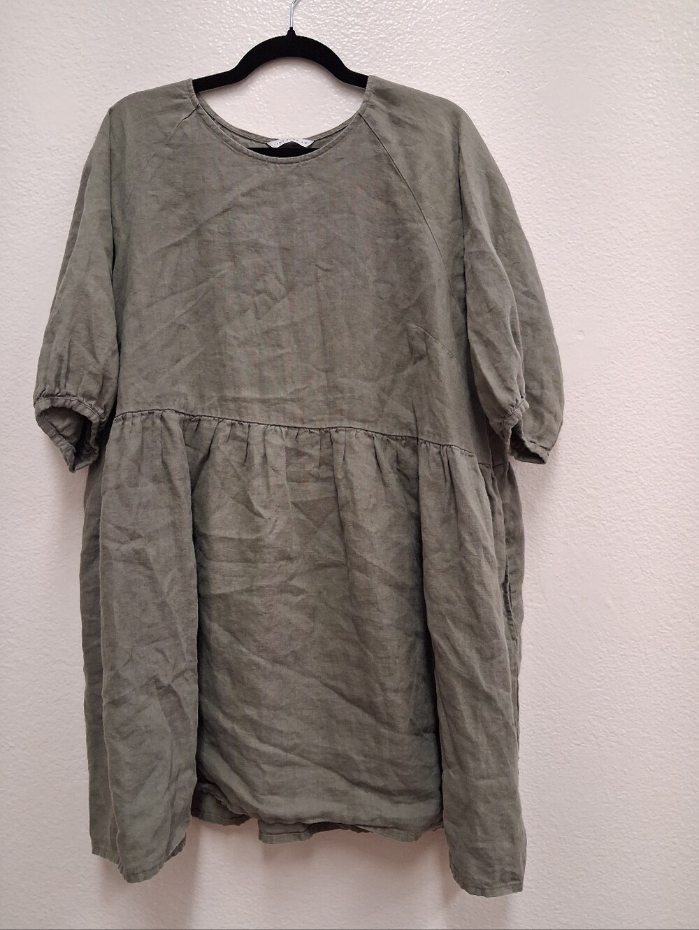 LinenFox Margo Smock Dress 100% Linen Olive Green Euro Minimalist S/M